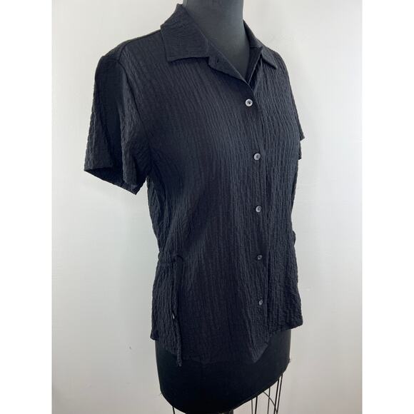 WOOLRICH Crinkle Black Short Sleeve Button-Down Tie Waist Women's Shirt S Small - Picture 4 of 9